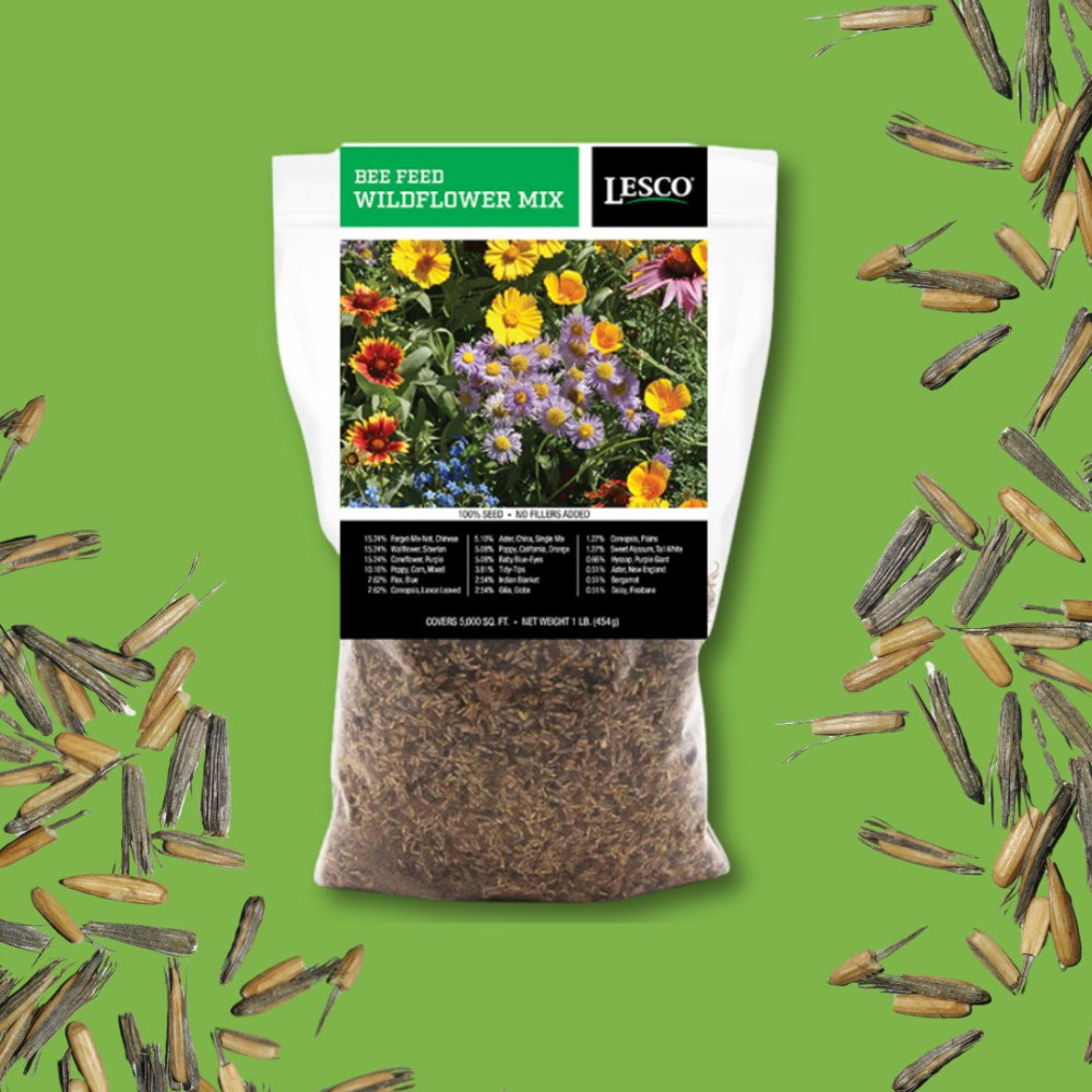 Seed Bag _ Lesco Bee Feed Lesco'd Bee Feed wildflower seed bag is displayed